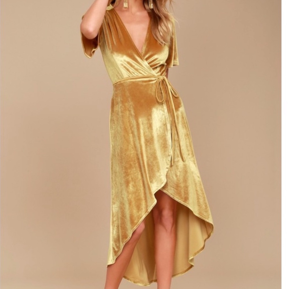 Lulus gold high-low wrap dress